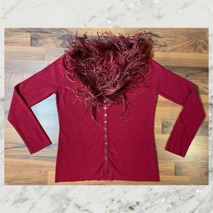 • Planet | Red Cardigan with Feather Collar | Size XL •